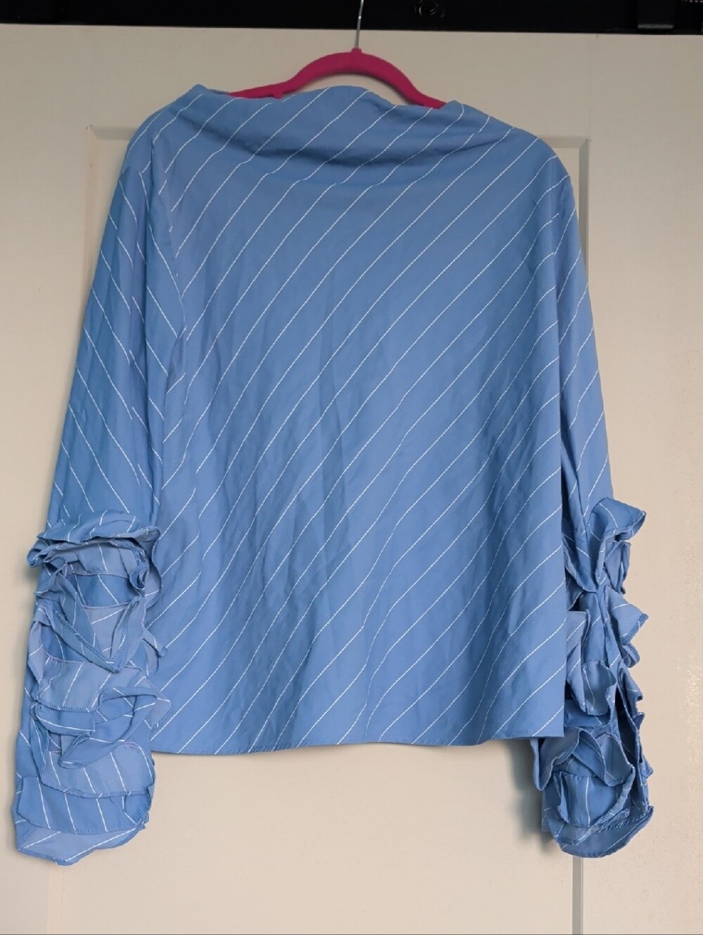 Blue Striped Ruffle-Sleeve Women's Top